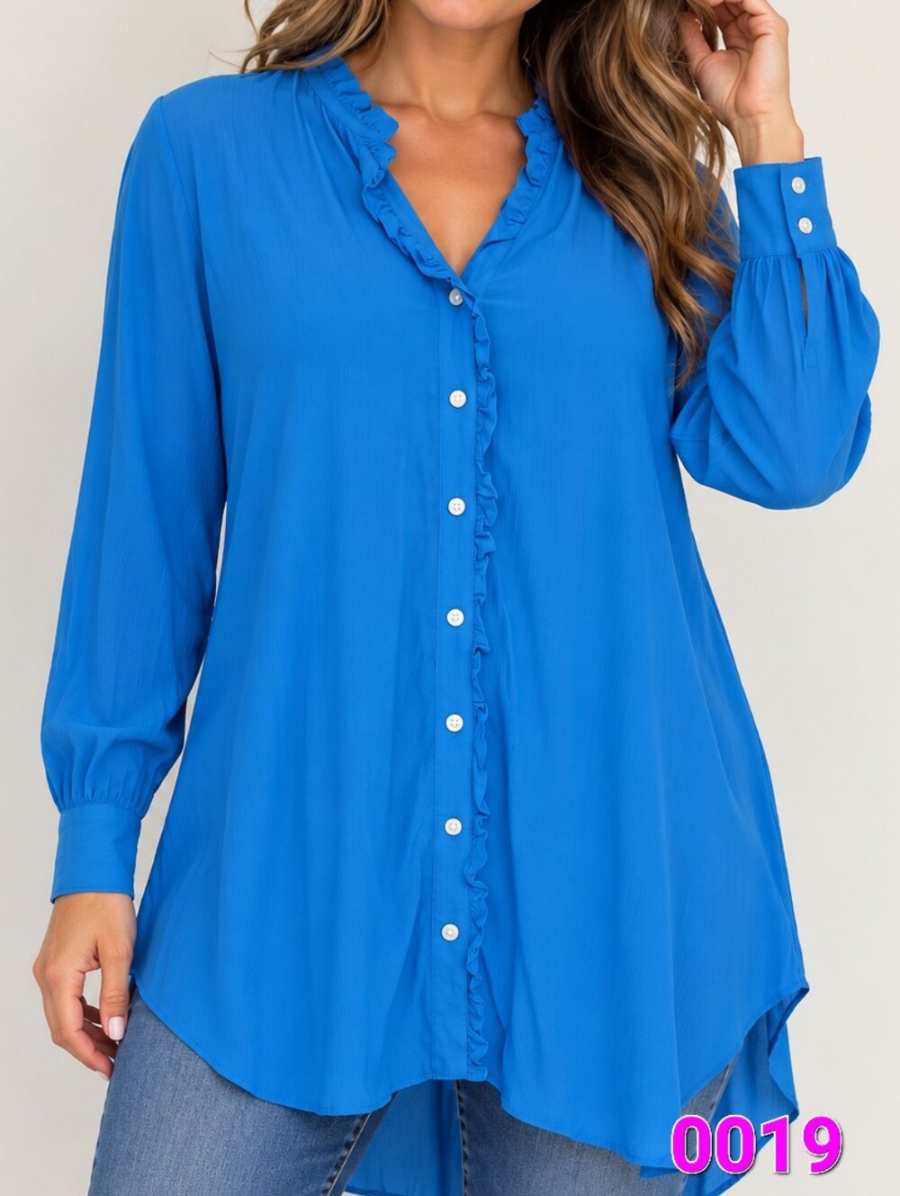 Bright Blue Ruffle-Trim Button Front Women's Top